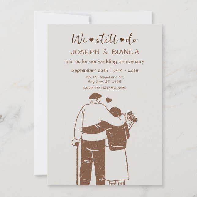 Cute older couple illustration wedding anniversary invitation (Front)