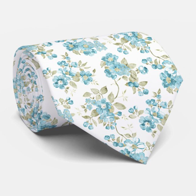 Cute Olive Green Aqua Turquoise Floral Watercolor Tie (Rolled)