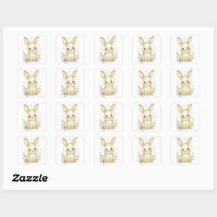 Cute Olive Green Bunny Party Theme Pastel Floral Square Sticker
