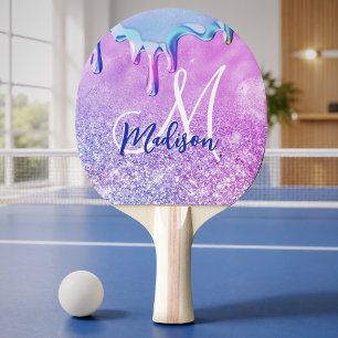 Cute ombre purple pink glitter unicorn monogram no ping pong paddle