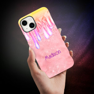 Cute ombre rose gold faux glitter drips monogram iPhone 15 case
