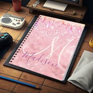 Cute ombre rose gold faux glitter drips monogram notebook