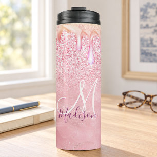 Cute ombre rose gold faux glitter drips monogram thermal tumbler