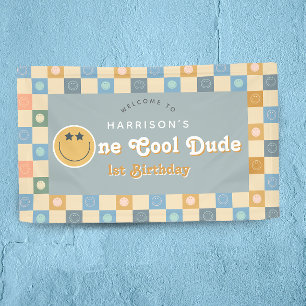 Cute One Cool Dude Boys Retro 1st Birthday Welcome Banner