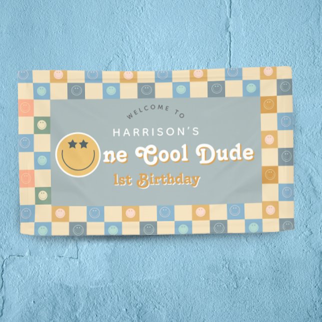 Cute One Cool Dude Boys Retro 1st Birthday Welcome Banner (Creator Uploaded)