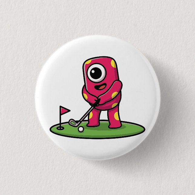 Cute One-Eyed Pink Monster Playing Golf Cartoon 3 Cm Round Badge (Front)
