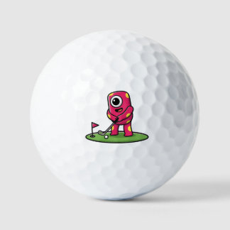 Cute One-Eyed Pink Monster Playing Golf Cartoon Balls