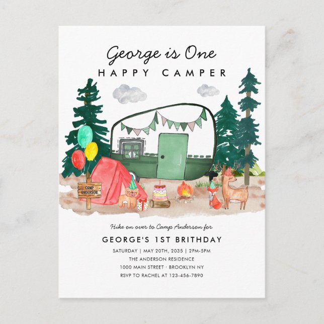 Cute ONE Happy Camper Forest Camping 1st Birthday Postcard (Front)