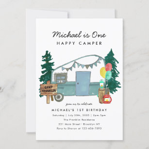 Cute One Happy Camper Trees Camping 1st Birthday Invitation