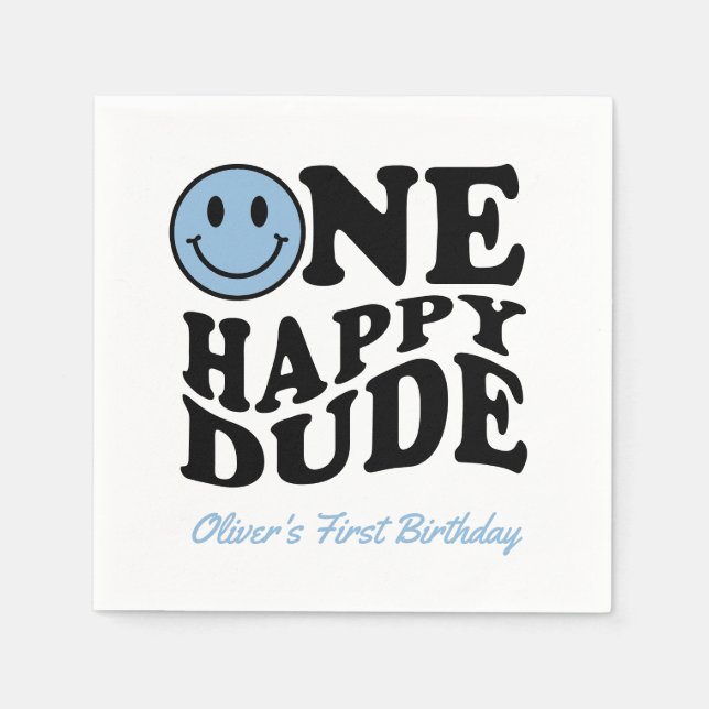 Cute One Happy Dude Blue Happy Face 1st Birthday Napkin (Front)