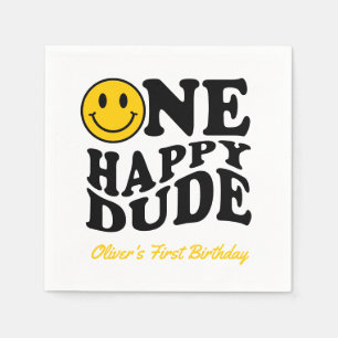 Cute One Happy Dude Retro Happy Face 1st Birthday Napkin