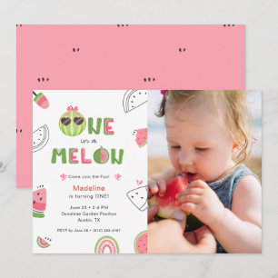 Cute One in a Melon Baby Girl Photo First Birthday Invitation
