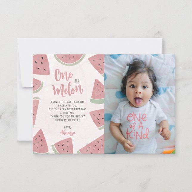 Cute One in a Melon Watercolor Watermelon Birthday Thank You Card (Front)