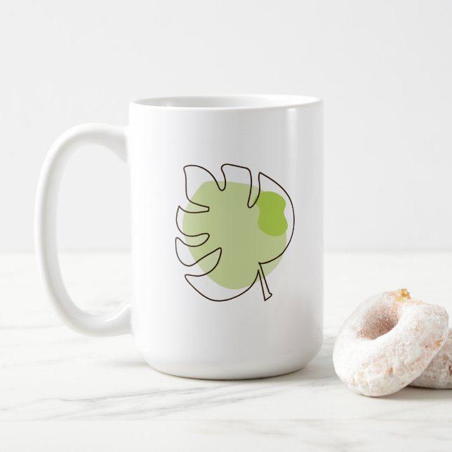 Cute one line art tropical isolated foliage green coffee mug (With Donut)