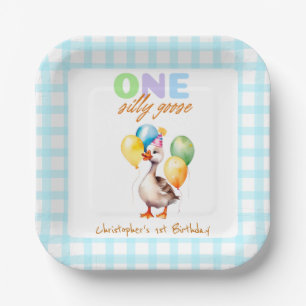 Cute One Silly Goose Blue Gingham 1st Birthday Paper Plate
