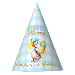 Cute One Silly Goose Boy Blue Gingham 1st Birthday Party Hat