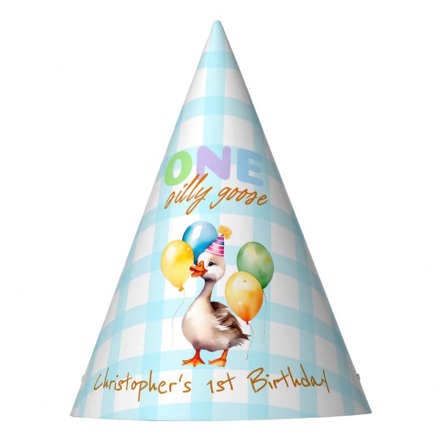 Cute One Silly Goose Boy Blue Gingham 1st Birthday Party Hat (Front)