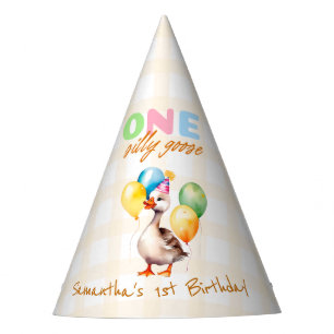 Cute One Silly Goose Gingham 1st Birthday Party Hat