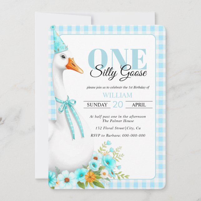 Cute One silly goose, gingham boy's 1st birthday Invitation (Front)