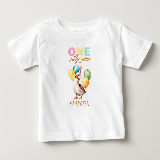 Cute One Silly Goose Girl Pink 1st Birthday Baby T-Shirt (Front)