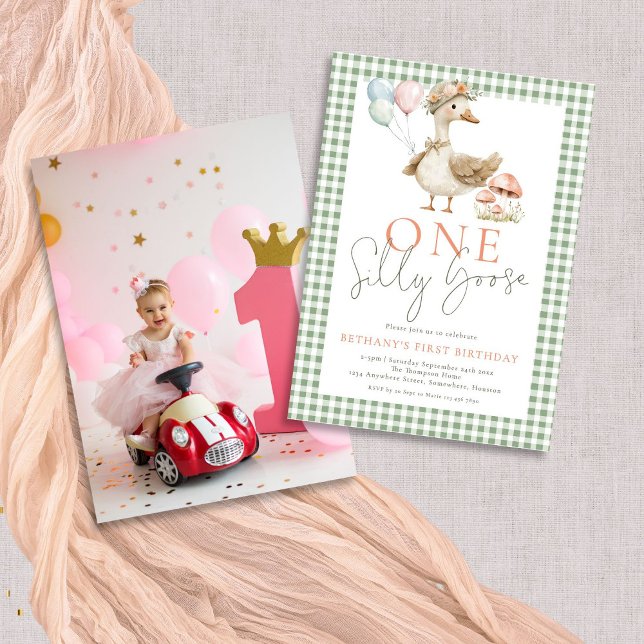 Cute One Silly Goose Photo Gingham 1st Birthday  Invitation (Front and back view)