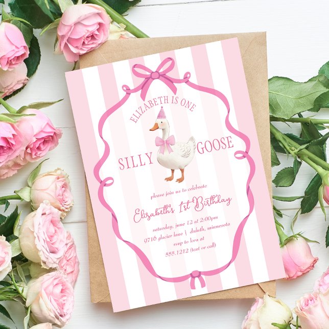 Cute One Silly Goose Pink Bow First Birthday Invitation (Cute One Silly Goose Pink Bow First Birthday Invitation)