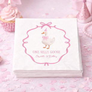 Cute One Silly Goose Pink Bow First Birthday Napkin