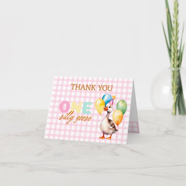 Cute One Silly Goose Pink Girl 1st Birthday Thank You Card (Front)