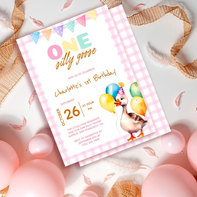 Cute One Silly Goose Pink Plaid Girl 1st Birthday  Invitation (Creator Uploaded)