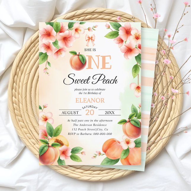 Cute one sweet peach First 1st Birthday party  Invitation (Creator Uploaded)