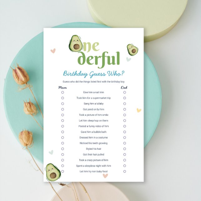 Cute Onederful Avocado 1st Birthday Game Card (Cute Onederful Avocado 1st Birthday Game Card)