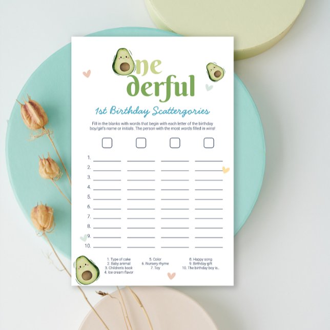 Cute Onederful Avocado 1st Birthday Game Card (Cute Onederful Avocado 1st Birthday Game Card)