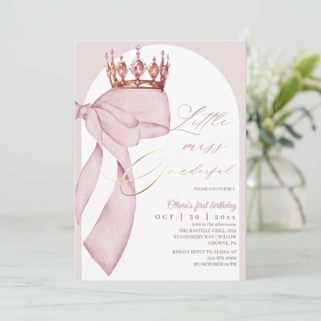 Cute Onederful Pink Bow 1st Birthday  Invitation (Standing Front)