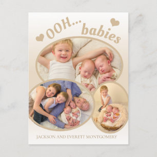Cute Ooh Babies Twin Photo Tan Birth Announcement Postcard