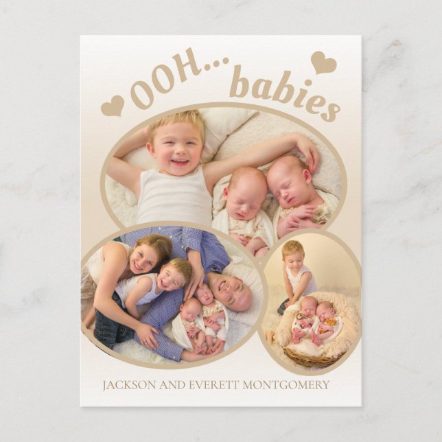 Cute Ooh Babies Twin Photo Tan Birth Announcement Postcard (Front)