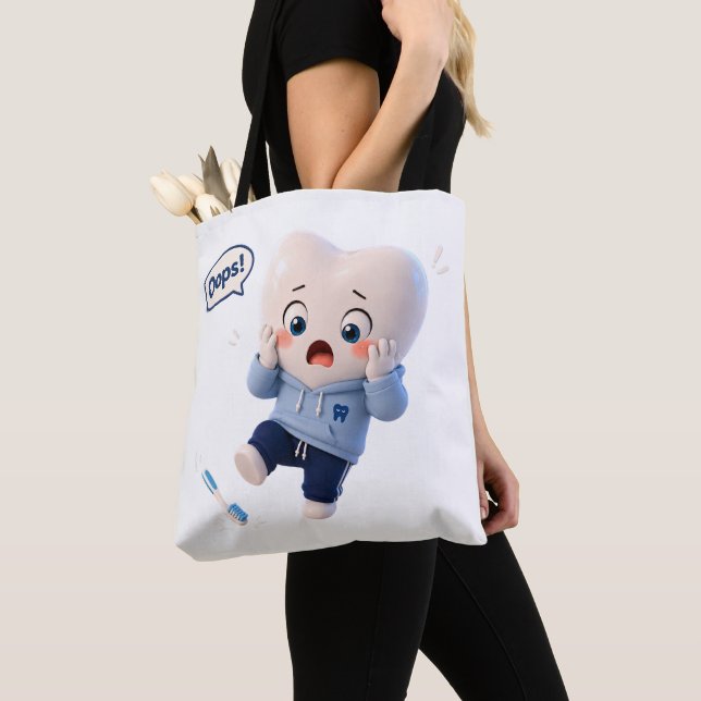 Cute Oops Tooth Character White Canvas Tote Bag (Close Up)