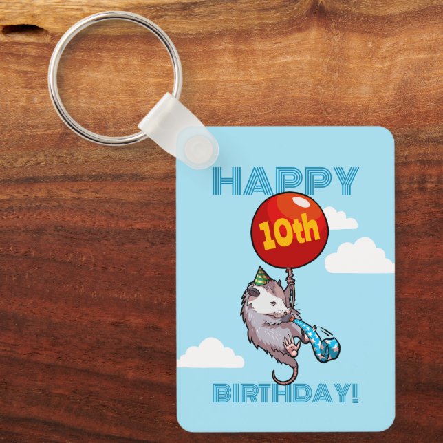 Cute Opossum Happy Birthday! Add The Age Balloon Key Ring (Front)
