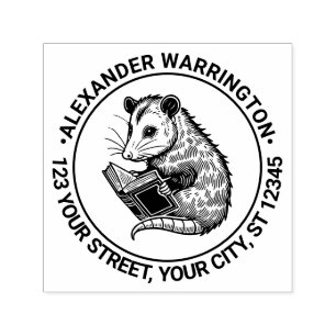 Cute Opossum Reading Book Name Return Address Self-inking Stamp