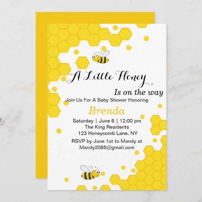 Cute Orange and Black Bees | Watercolor Honeycomb Invitation (Front/Back)