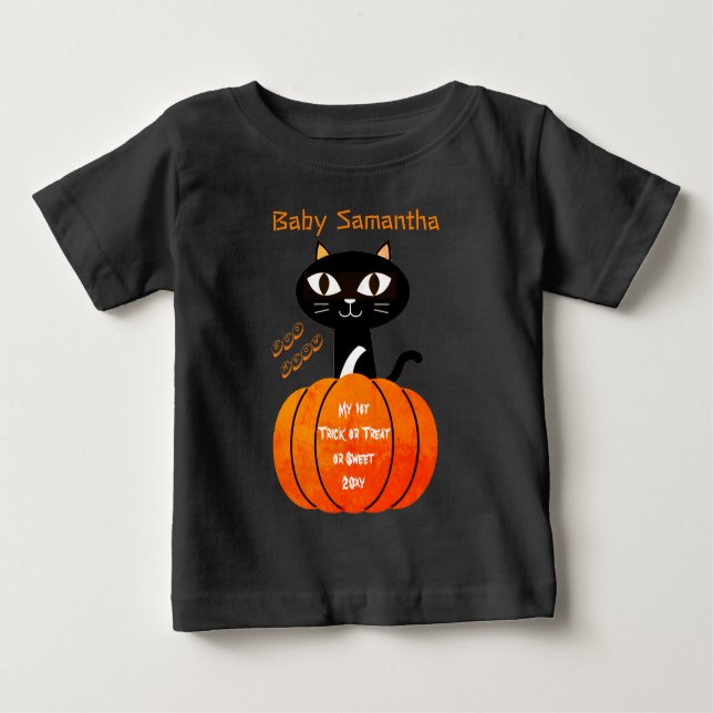 Cute Orange and Black Cat Pumpkin My 1st Halloween Baby T-Shirt (Front)
