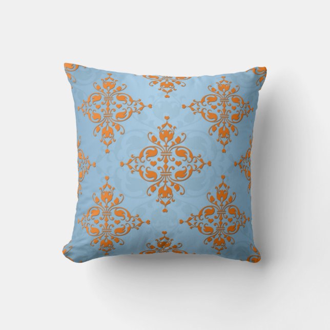 Cute Orange and Blue Damask Cushion (Front)