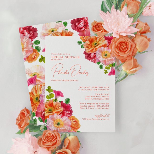 Cute Orange and Bright Pink Floral Bridal Shower Invitation (Creator Uploaded)