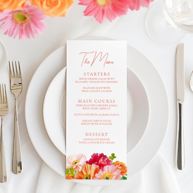Cute Orange and Bright Pink Floral Bridal Shower Menu (Creator Uploaded)