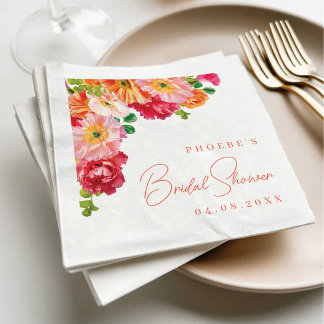 Cute Orange and Bright Pink Floral Bridal Shower Napkin