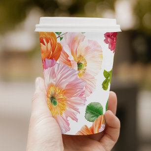 Cute Orange and Bright Pink Floral Bridal Shower Paper Cups