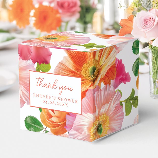 Cute Orange and Bright Pink Floral Bridal Square Favour Box (Creator Uploaded)