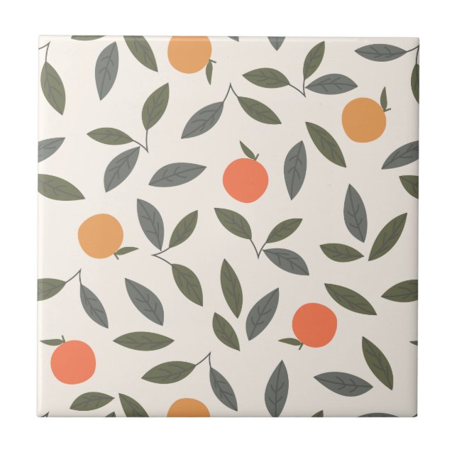 Cute Orange and Leaves Pattern Tile (Front)