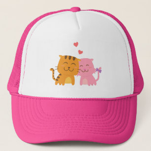 Cute Orange and Pink Cat in Love Trucker Hat