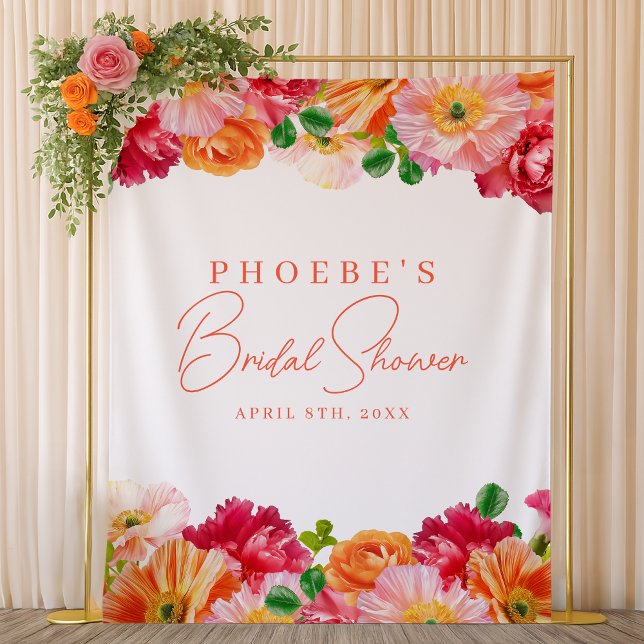 Cute Orange and Pink Floral Bridal Shower Backdrop Tapestry (Creator Uploaded)