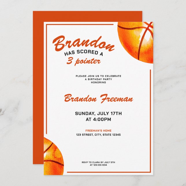 Cute Orange and White Basketball 3rd Birthday Invitation (Front/Back)